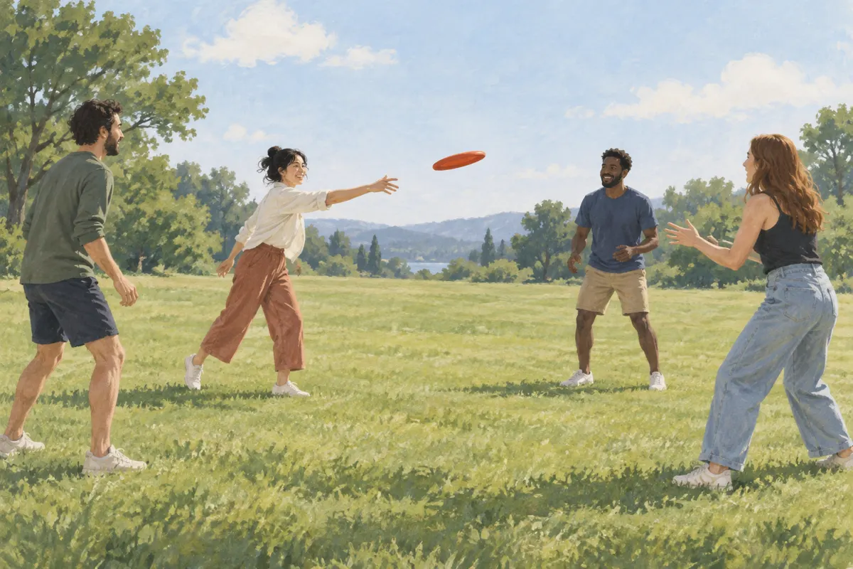 Ilustracja małej grupy ćwiczącej podania frisbee na trawniku